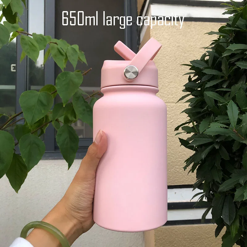 650ML Sports THERMOS CUP With Straw And Handle,Thickened Stainless Steel Vacuum Flasks,Wide Mouth Drinkware,Travel Water Bottle