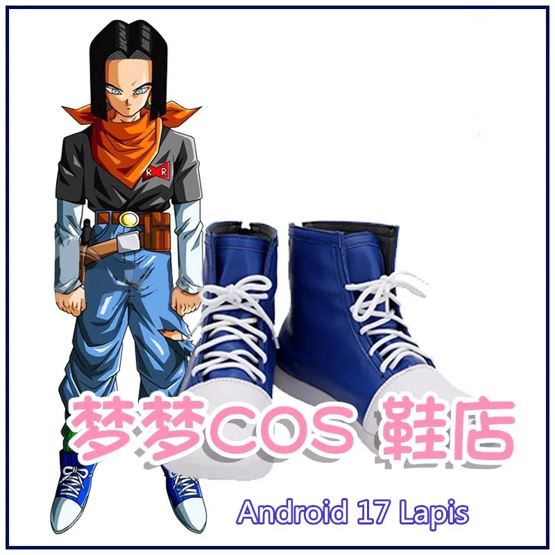 

Anime DBZ Son Goko Android 17 Lapis Cosplay Costume Shoes Handmade Faux Leather Blue Boots