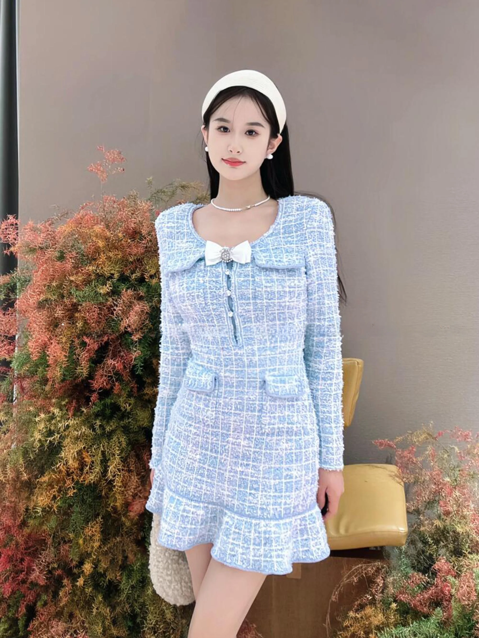 Wiosenna Nowość SP Home Dzianinowa Spódnica z Paskiem, Wysoki Stan, Okrągły Dekolt, Krata, Krój A-Line, Długa, Długość do Połowy Łydki, Motyl...