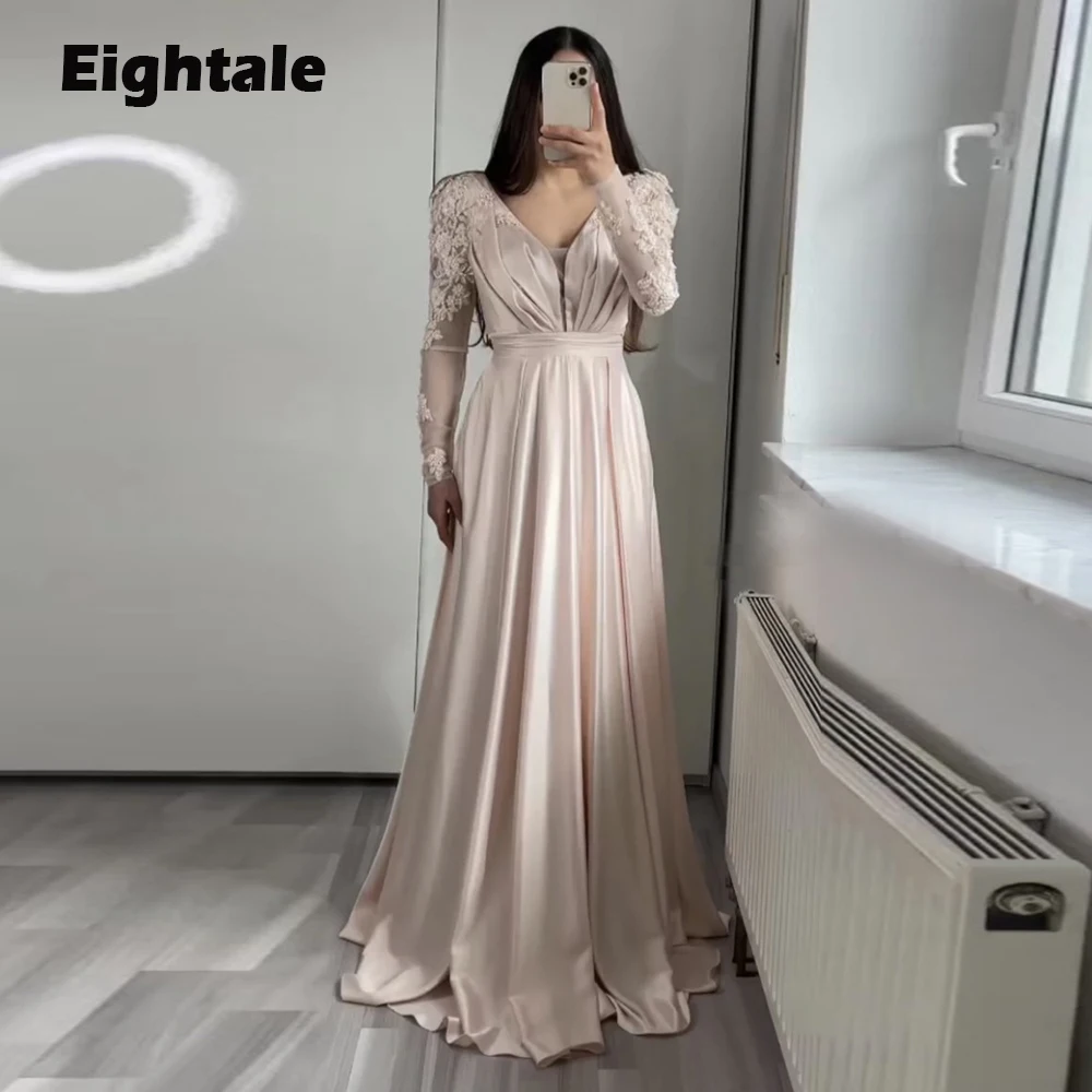 Eightale Arabic Evening Dress for Wedding Party Champagne Long Sleeves A-Line V-Neck Appliques Beaded Satin Celebrity Prom Gown