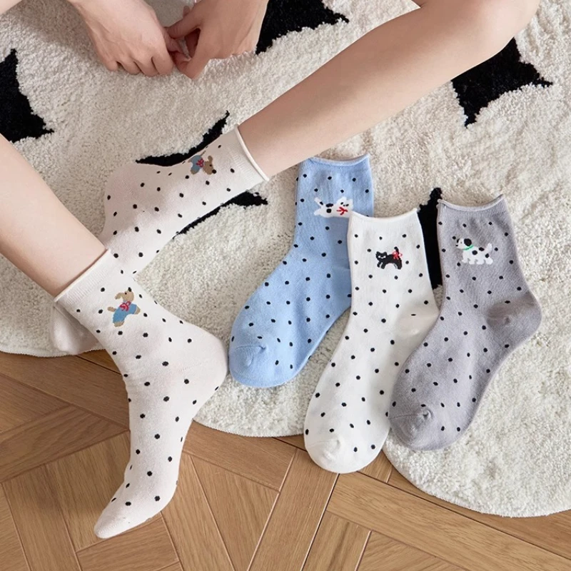 Women Socks Japanese Kawaii Cartoon Dog Printed Cute Socks Women Polka Dot College Style School Students Middle Tube Socks Gifts