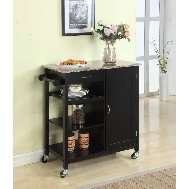 

Black Wood & Marble Finish Top Kitchen Storage Cabinet Cart