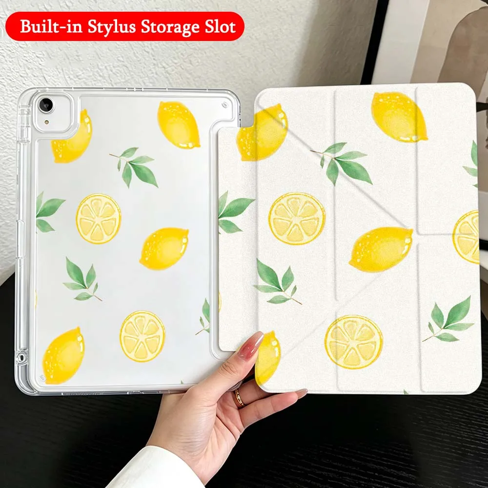 Fresh Fruit Leaf Pattern For iPad Mini Pro Air 5 6 7 8 9 10th 11th 11 9.7 10.9 13 inch Transparent Y-Shaped Folding Tablet Case