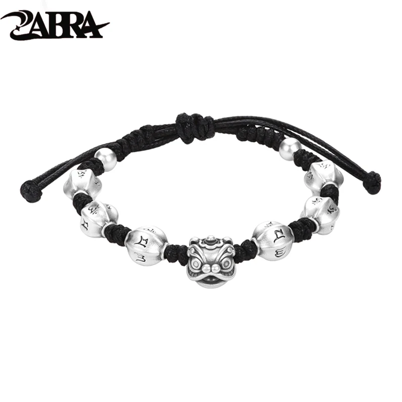 ZABRA 999 Pure Silver Lion Awakening Bracelet for Men, Retro Ethnic Style Mantra Transfer Bead Bracelet, Hand Rope