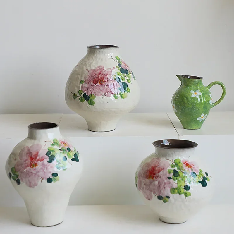 New Ceramic Vase Handmade Chinese Watercolor Graffiti Flowers Retro Decorative Earthenware Jars Flower Vase Home Decoration