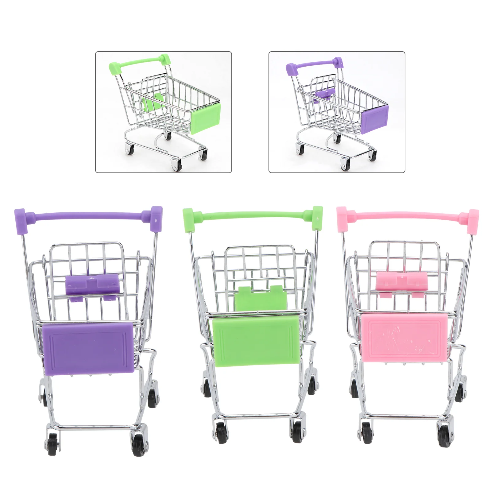 

3pcs Mini Shopping Cart Children Pretend Play Toy Iron Makeup Storage Grocery Cart Trolley with Electroplating (Pink+Purple+Gree