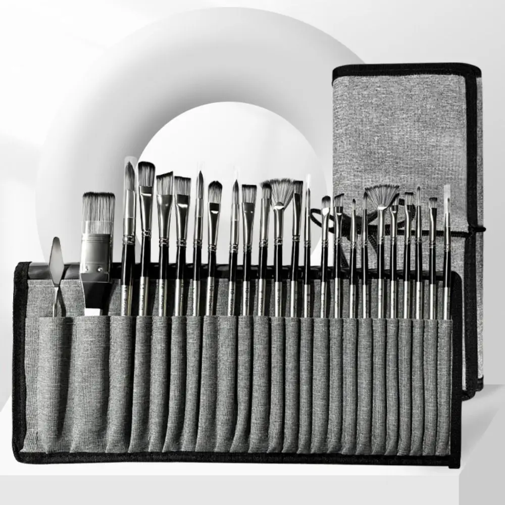 

Cloth Roll 24Pcs Artist Paint Brushes Set Nylon Hair with Scraper Watercolor Brush Pen Wooden Handle Delicate