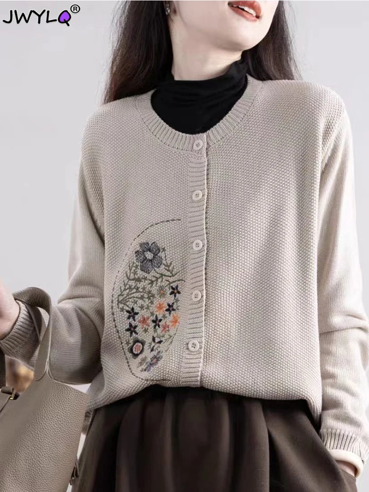 Embroidery Flower Printing Knit Cardigan For Women Autumn Solid Color Long Sleeve Top Classic Middle-aged Motheroversized Sweate