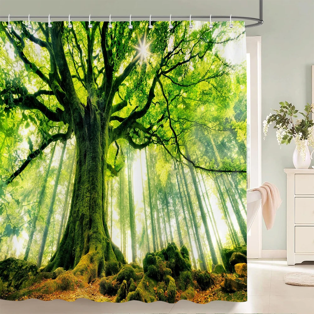 Cortina de ducha moderna con estampado 3D de bosque, cortina de baño de paisaje de árbol de plantas verdes con ganchos para baño, paisaje impermeable