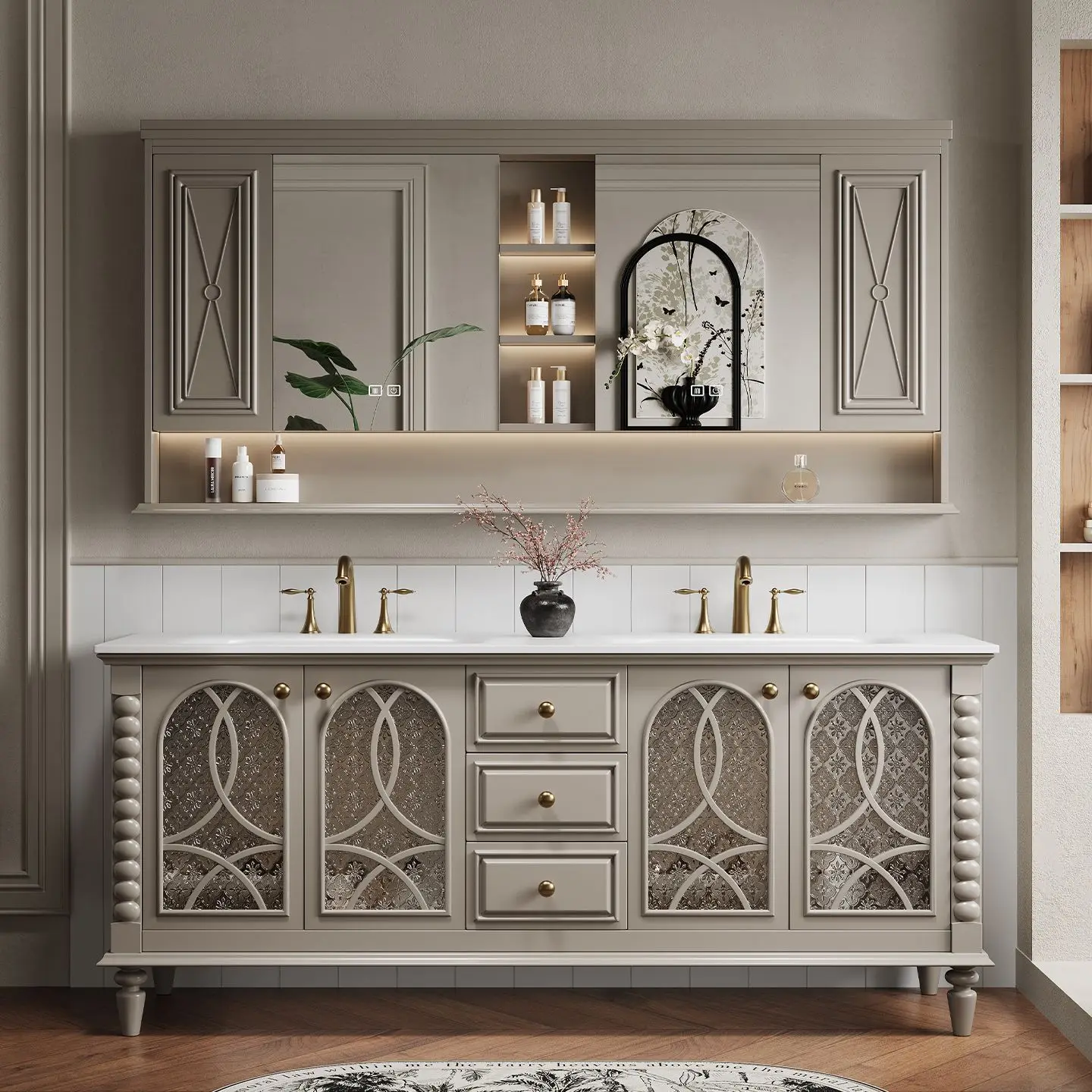 

American French retro floor-to-ceiling bathroom cabinet combination bathroom oak washstand wash basin cabinet bathroom double