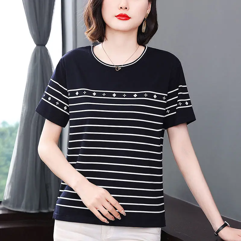 Women\'s Fashion Simple Striped Print Short Sleeve Basic T-shirts 2024 New Summer Casual O Neck Loose Pullover Tops Ropa De Mujer