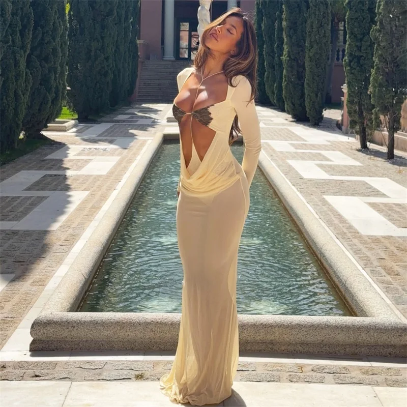 

Summer Yellow Prom Dress Sexy Hollow V Neck Full Sleeves Long Party Gown Holiday Beach Formal Wedding Birthday Evening Robe