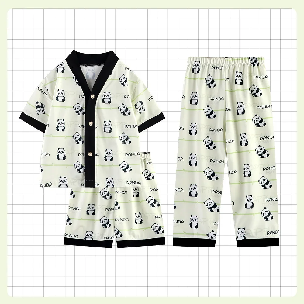 New Summer Boys Cartoon Panda Three-Piece Clothing Sets Pajamas Kids Casual Short Sleeve V-neck Pyjamas Teen Sleepwear Home Wear