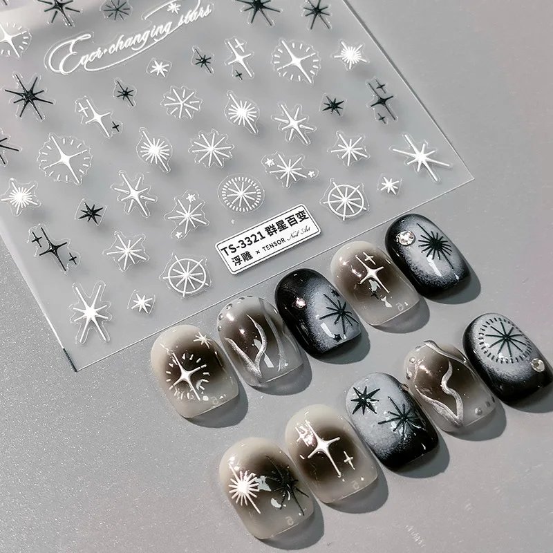 Auto-adesivo Nail Art Decorações Adesivos, colorido Polaris 3D Manicure decalques, estrelas preto e branco, 5D relevo, por atacado