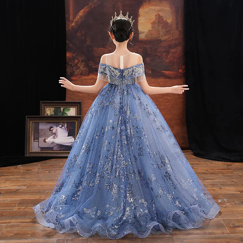 Kids Girls Christmas Formal Evening Long Dresses Evening Fairy Gown and Maxi Dress Up Costumes for Children Luxury Blue Vestidos