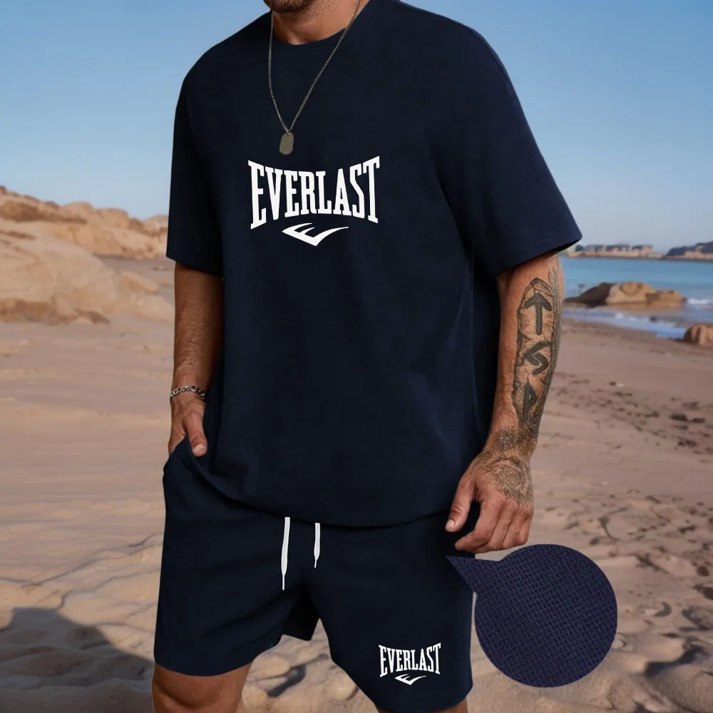 

letter print European Size Men Mesh Vest Quick Dry Shorts 2 Piece Sports Set Summer Beach Training Jogging Activewear Outfit