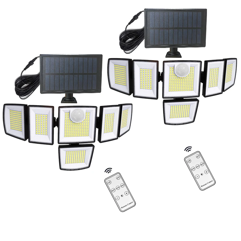 

2 шт. уличных водонепроницаемых солнечных светильников, 7000K, 6-секционные солнечные прожекторы с датчиком движения, 496 LED, для двора и патио