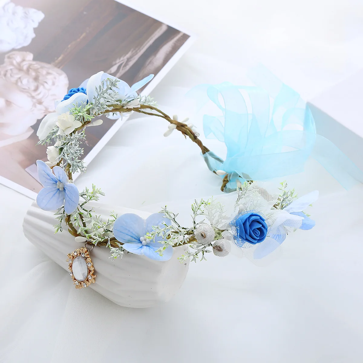 Handmade Blue Flower Crown Rose Fairy Floral Headband Elf Forest Headpiece for Women Girls Princess Wedding Shower Cosplay