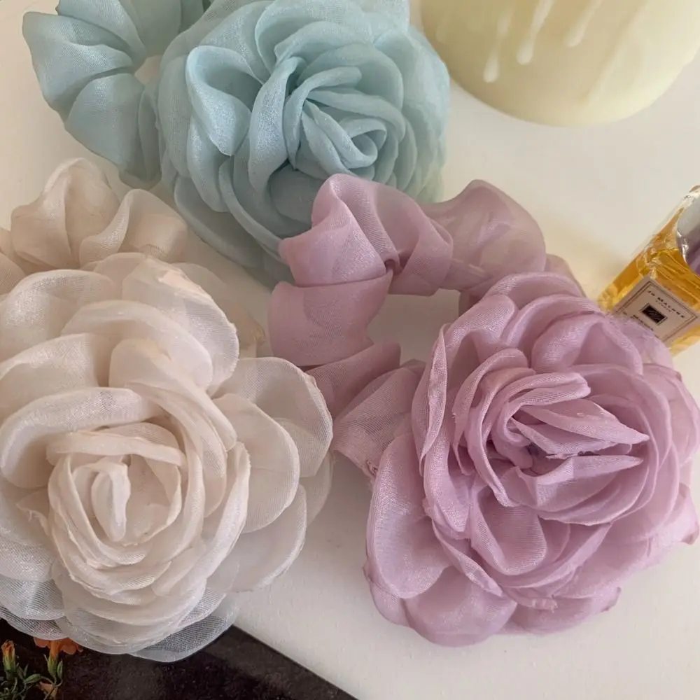 Hair Tie Mesh Flower Hair Band Ponytail Holder Hair Ring Elastic Hair Band Hair Accessories Camellia Flower Rose Hair Rope DIY