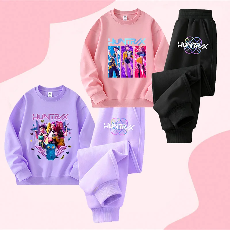 

Комплект Kpop Demon Hunters: толстовка с круглым вырезом и брюки, 2 предмета, весенняя одежда с мультяшным принтом, детские тонкие худи, спортивный костюм-пуловер