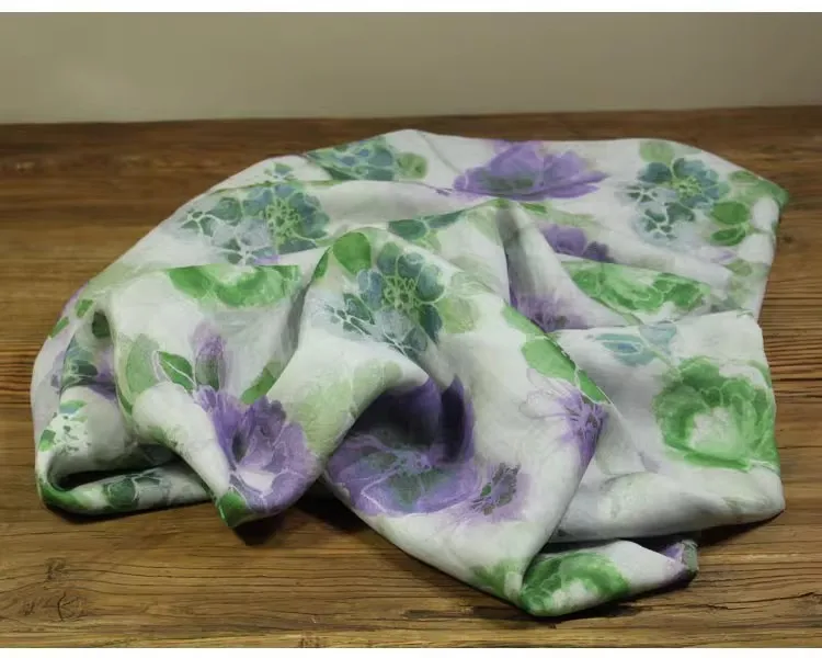 

1yard White background,green and purple flowers print tissu high-end ramie fabric dress shirt bag cheongsam fabric for clothing