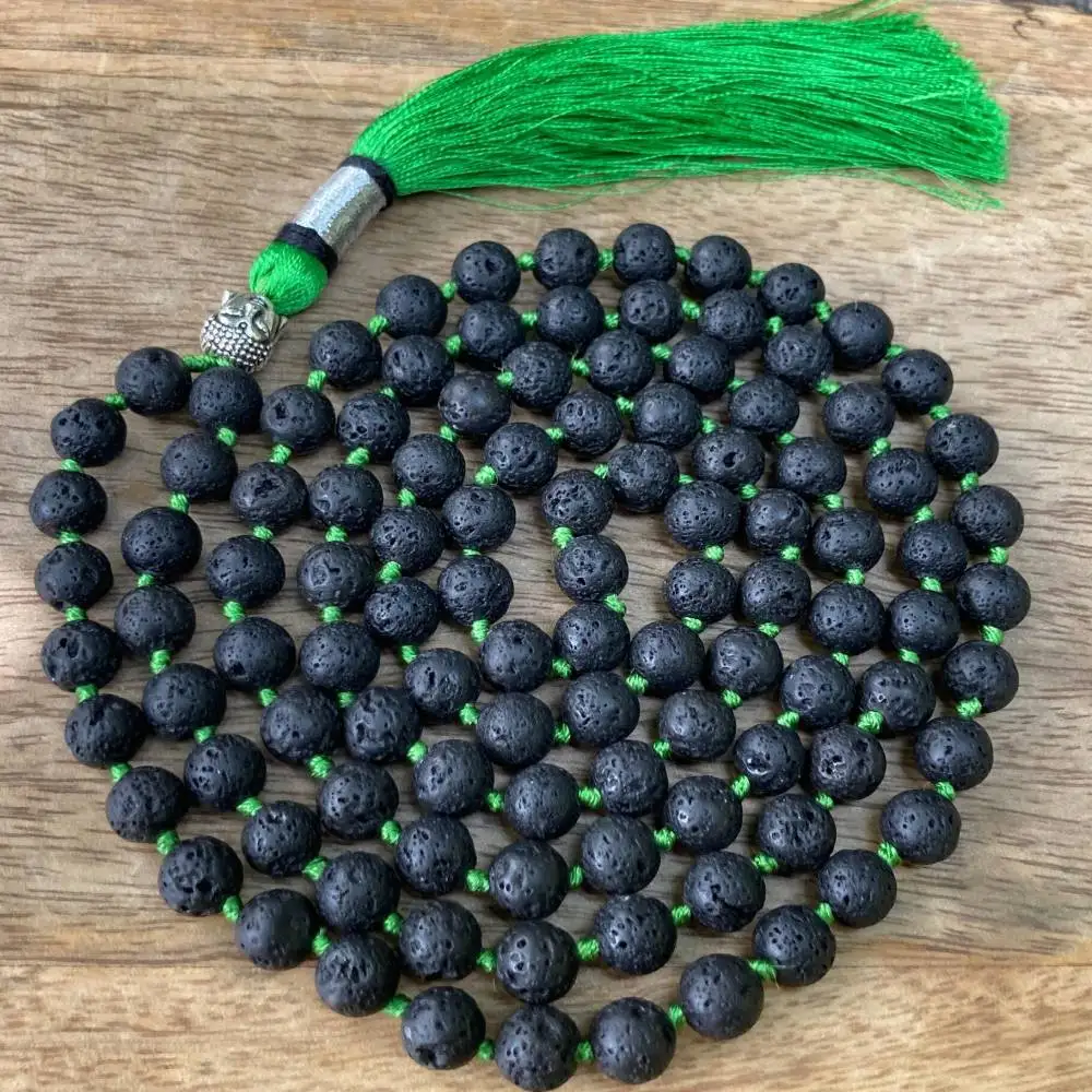 

Natural Lava Rock 108 Beads Mala Necklace with Green Tassel Spiritual Meditation Jewelry