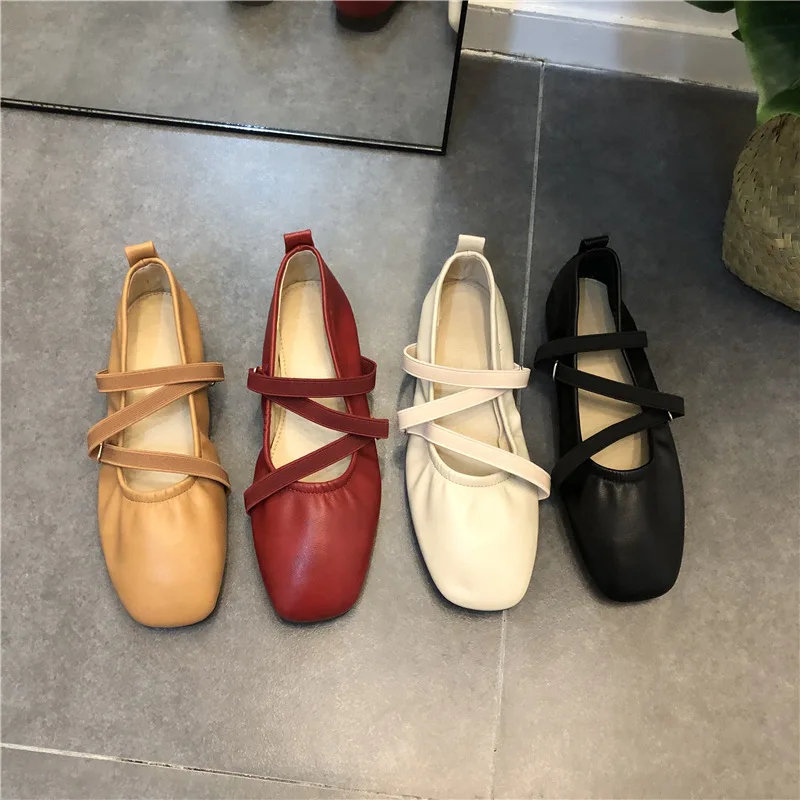 Spring Ballet Flat Shoes Women Comfy Leather Shoes  Women Luxury Women Square Toe Flat Mary Janes Ladies Shoes Double Buckle