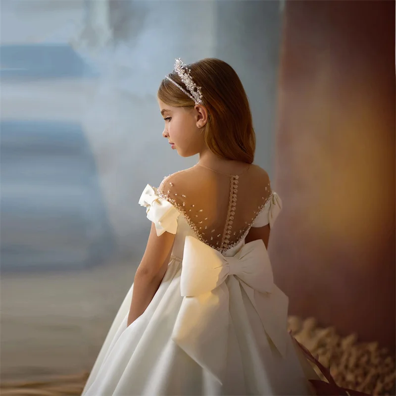 Baby Kids Princess Satin Beading Bow Flower Girl Dress Children First Communion Dress Ball Gown Wedding Party Dress Birthday - view 5