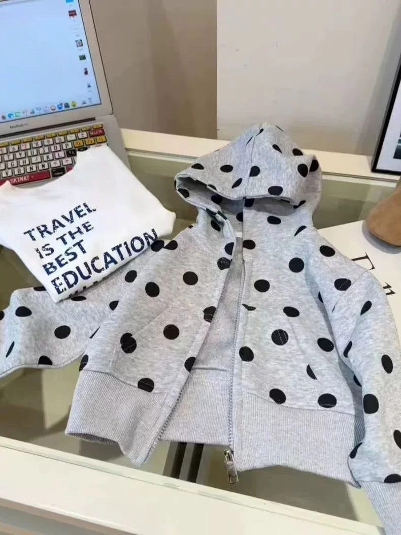 Girls' polka dot hoodie 2026 spring and autumn new item children's Korean gray polka dot fashion jacket
