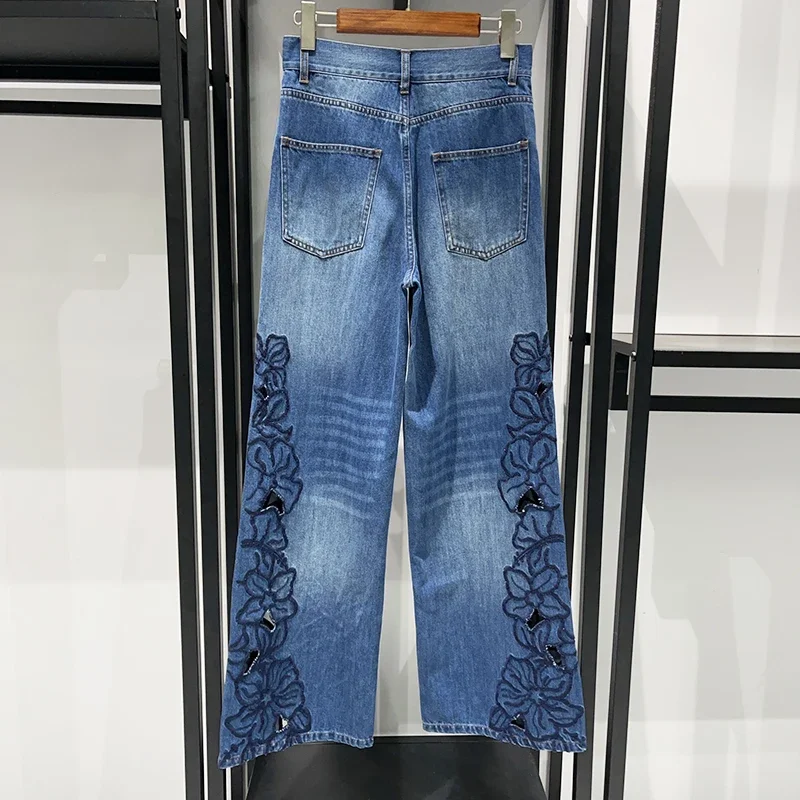 2025 Summer Women's Floral Embroidered Hollow Out Straight Leg Denim Jeans with Zipper Fly