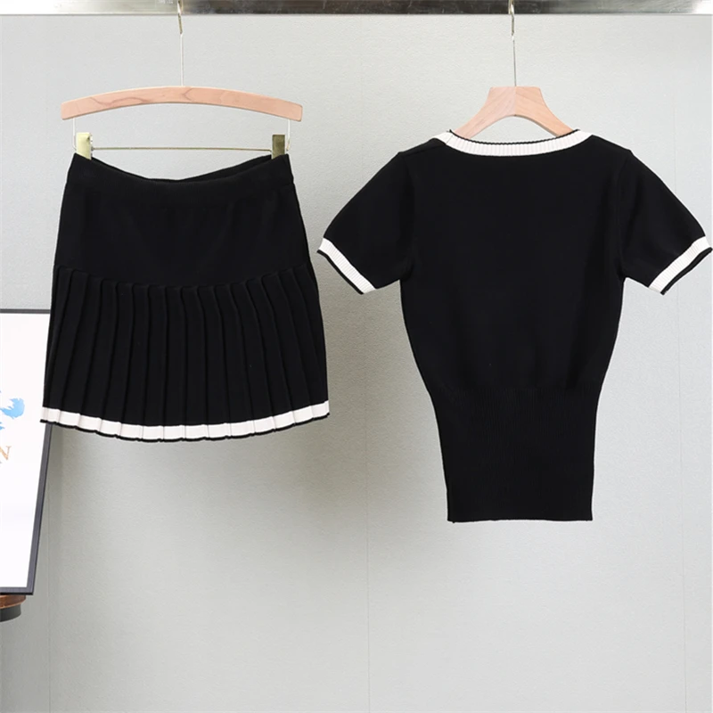 Summer New In 2024 Women\'s Fashion and Elegance Versatile Knitted Short Sleeved Top + Mini Skirt Set 2 Piece Set