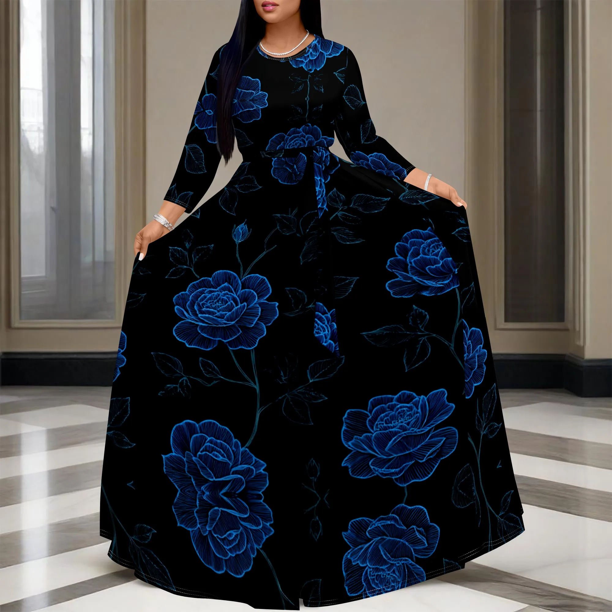 

Women's A-Line Maxi Dress Long Sleeve Belted Floral Print Elegant Party Dress for Fall & Winter XS-3XL