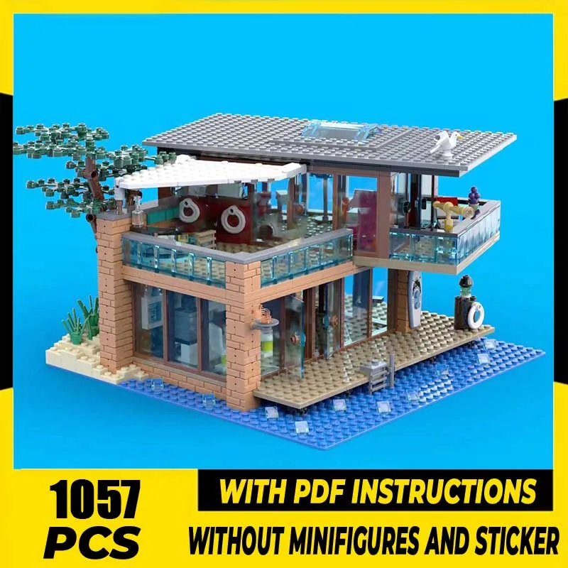 Bloques de construcción Moc City Street View, casa de playa moderna, modelo de tecnología, ladrillos, juguetes de montaje DIY, conjunto de regalos para vacaciones