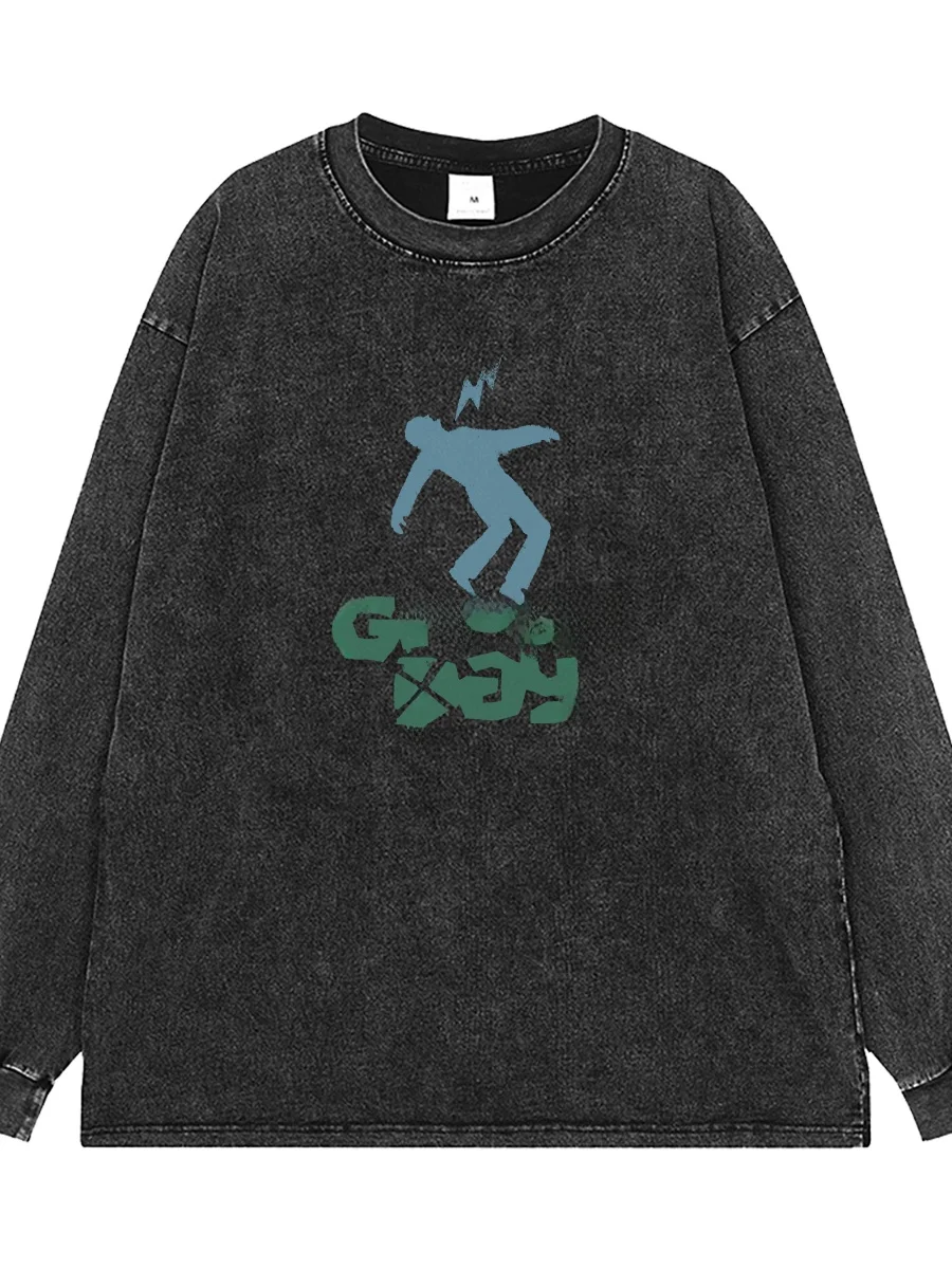 Washed Vintage Grey American Street Rock Long Sleeve T-Shirt Loose Fit Crew Neck Cotton Tee for Youth Casual Summer Wear