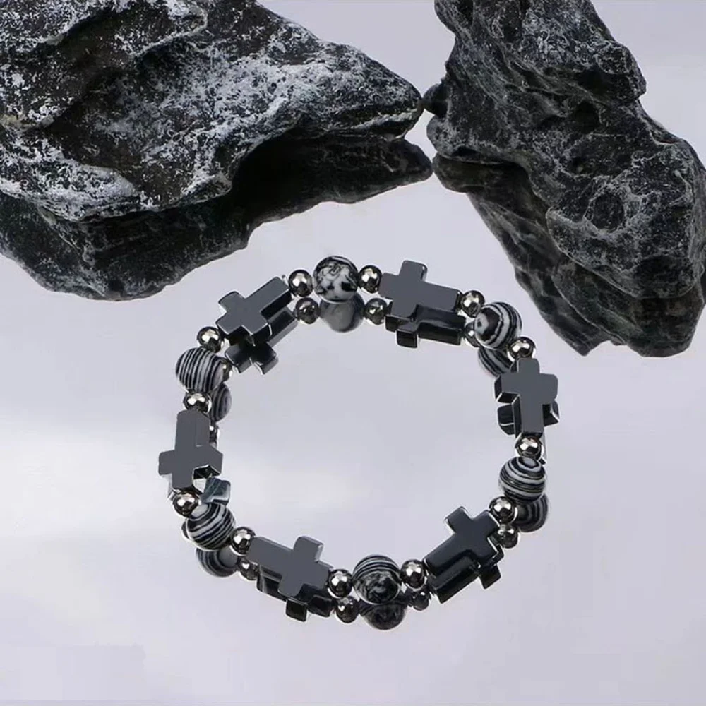 Retro Black Cross Bracelet Hip Hop Black Stone Beads Men Bracelet INS Trendy Jewelry Fashion Accessories Gift
