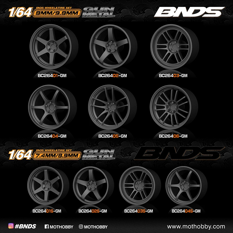 BNDS 1/64 ABS Wheels Gun Metal With Rubber Tires Assembly Rims Modified Parts for Model Cars Refitted Hotwheels Tomica MiniGT