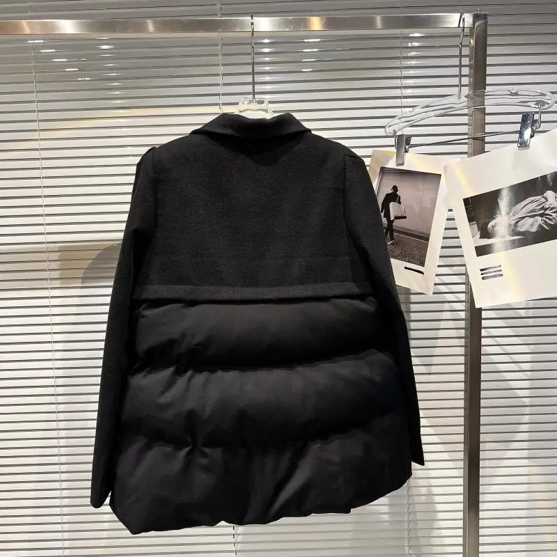 Black Cotton Jacket Autumn Winter Women's Chic Square Buckle Woolen Splicing Warm Suit Cotton-padded Coats Thick Loose Outerwear