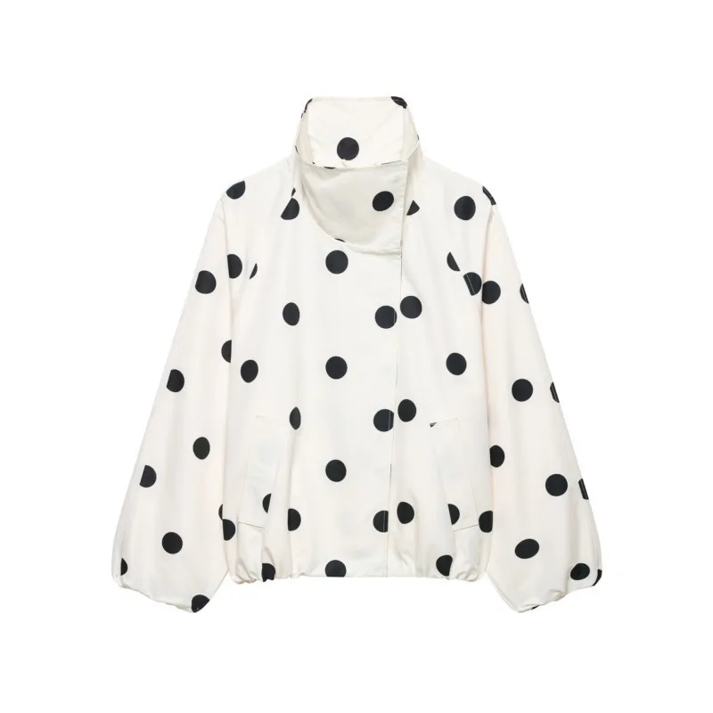 

Women's Polka Dot Jackets 2026 New Stand Neck Long Sleeve Pockets Loose Tops Casual Fashion Female Streetwear Outerwear
