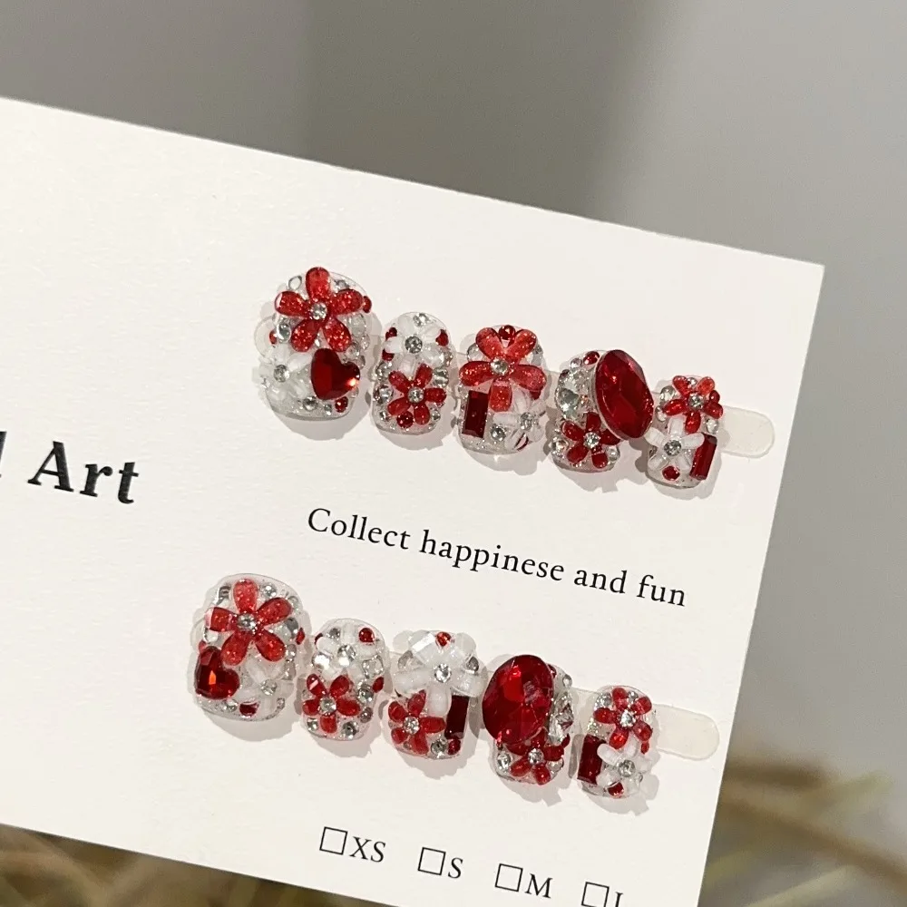 10 Pieces Red Flourishing Crystal Flowers Handmade Press On Nails Super Glitter Diamond Ruby Fake Nails Removable Reusable