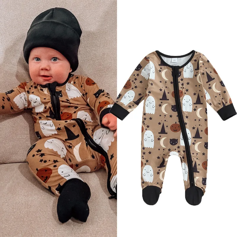 

New Halloween Baby Jumpsuit with Pumpkin Print Long Sleeved Zipper Boy Clothes Foot Climbing Clothes L