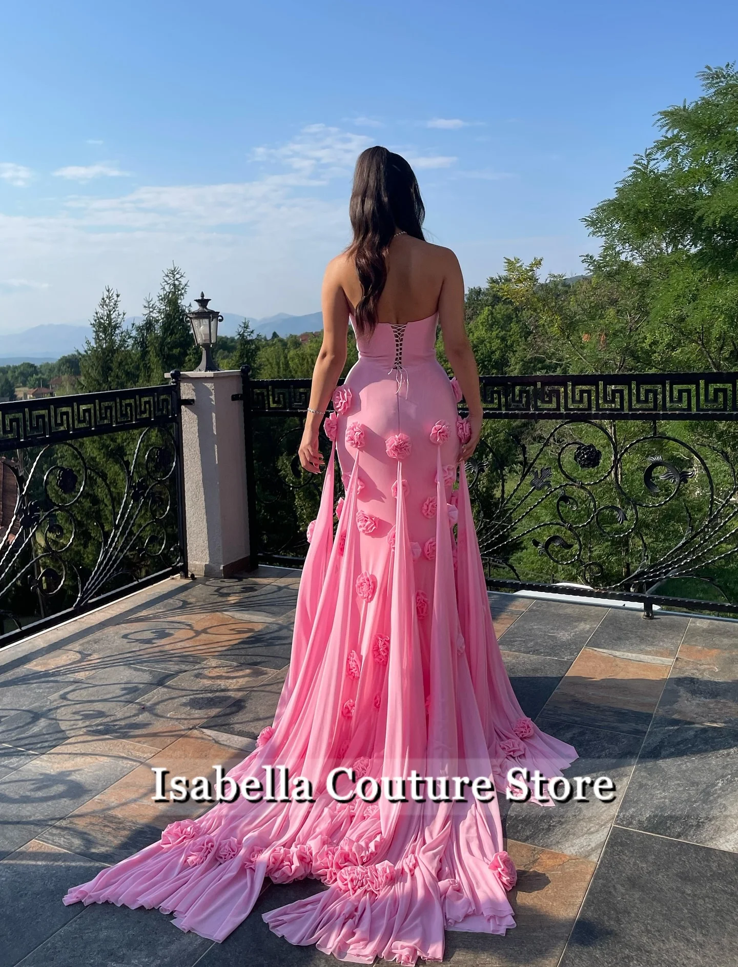 우아한 핑크 스트랩리스 이브닝 드레스 2025 3D 꽃 웨딩 드레스 프롬 가운 이브닝 드레스 맞춤형