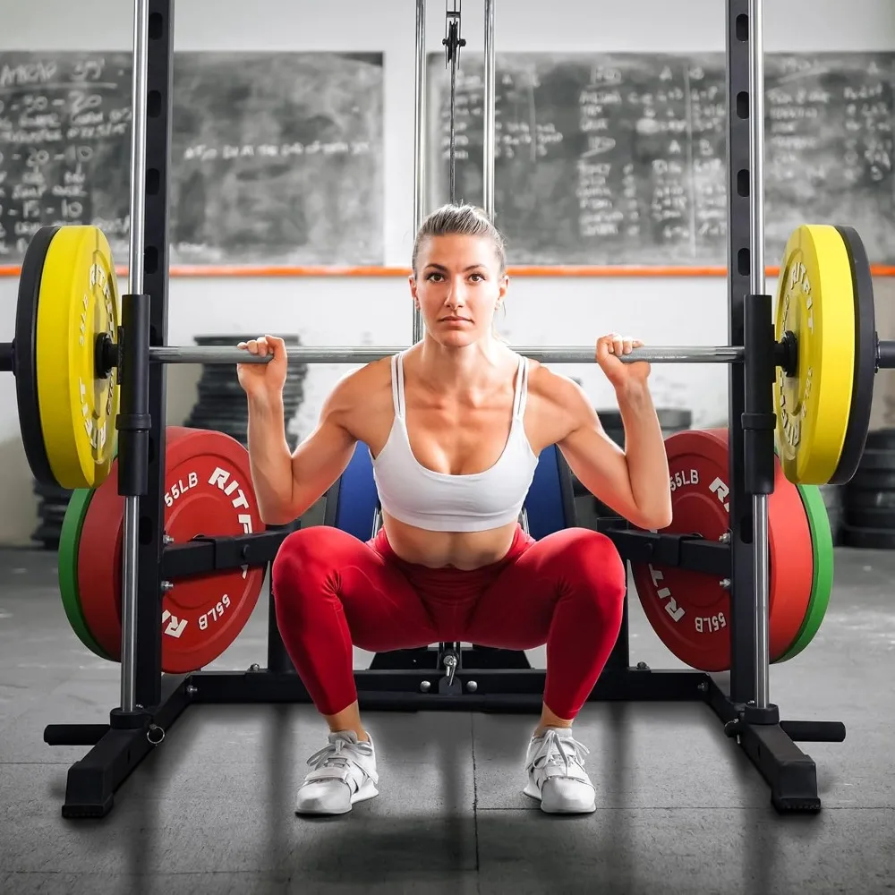 Smith Machine Power Rack with LAT-Pull Down System, Landmine, Barbell Bar, Plate Storage Pegs and More Training Attachment