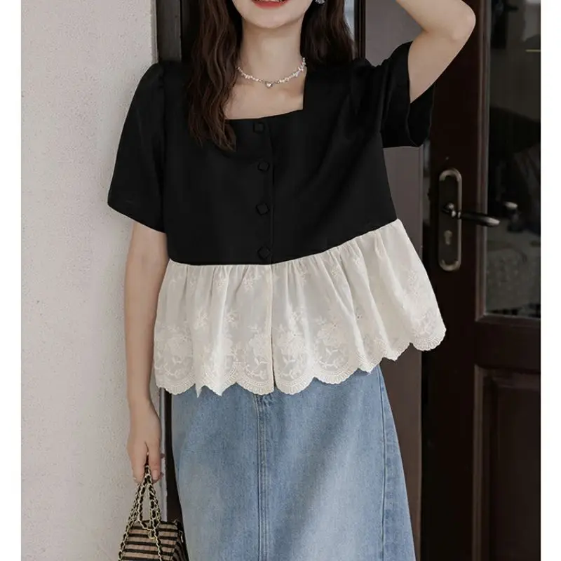 Women Solid Shirt Sweet Chic Puff Short Sleeve Female Blouse Korean Summer New Square Collar Loose All Match Spliced Crop Tops