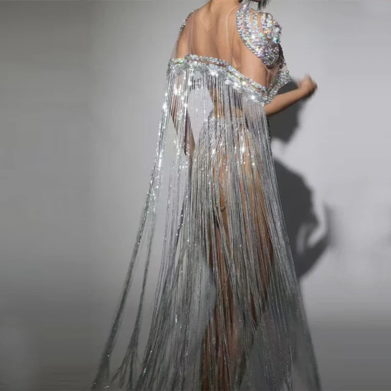 Diamond Feestjurk Vrouwen Zanger Lange Omzoomd Jazz Kleding Bar Dj Gogo Kostuum Stadium Festival Outfit Clubwear
