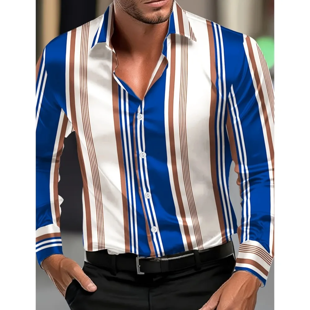 

Men's Fashion Long-sleeved Casual Lapel Shirt Striped Printed Breathable Full-sleeved Shirt Men's Daily Basic Business Shirt