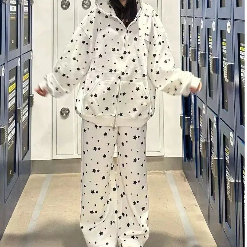 

Loose Fitted Hooded Star Print Rabbit Ear Hat Autumn Winter Korean Style Two Piece Set for Girls Casual Comfortable Polyester