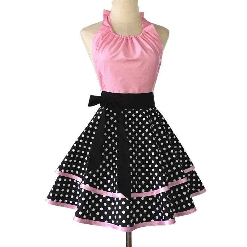Polka Dot Printed Cotton Apron Kitchen Cooking Baking Smock Dress for Women Maid Work