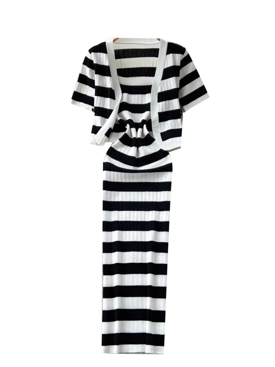Foamlina Sommer-Cardigan, kleine Jacke, Oberteil, Outfit für Damen, schickes, modisches, schwarz-weiß gestreiftes Strickkleid, zweiteiliges Set