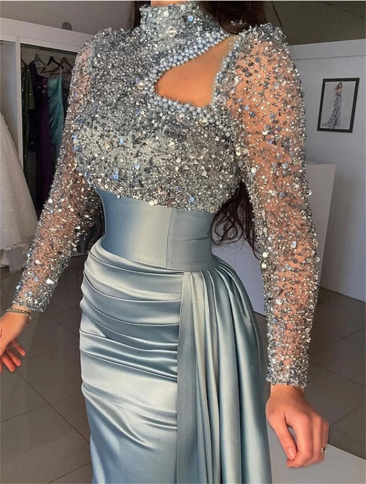 

Light Blue Luxurious Sequins Prom Luxury Bling Beaded Long Sleeves Formal Evening Dress Party Pageant Gowns 2024 Robe de mariée