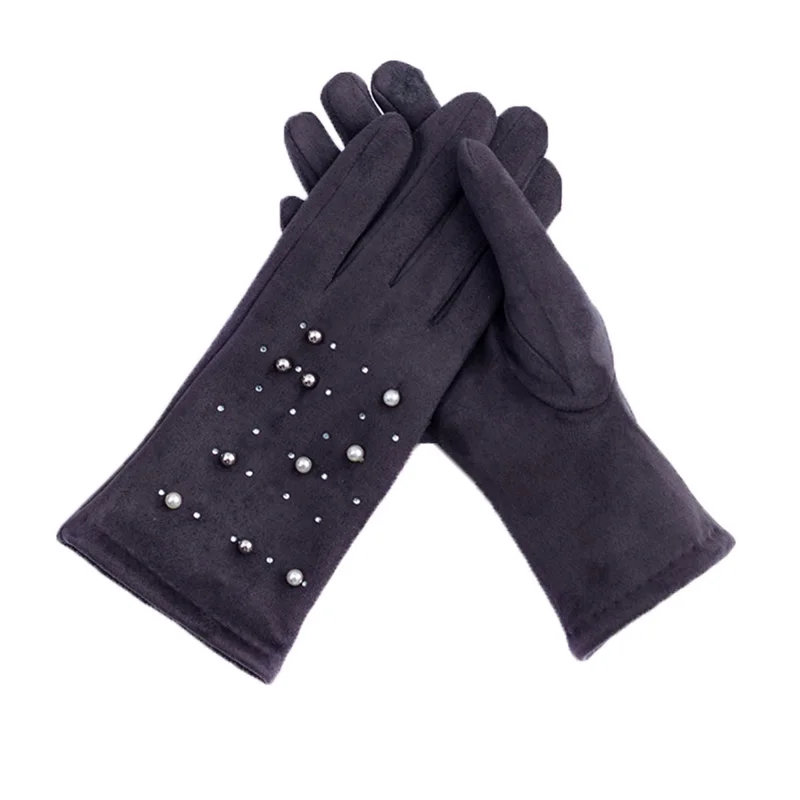 Women Winter Suede Leather Thick Plush Warm Driving Mitten Pearl Hot Drill Embroidered Flowers Touch Screen Cycling Glove O100